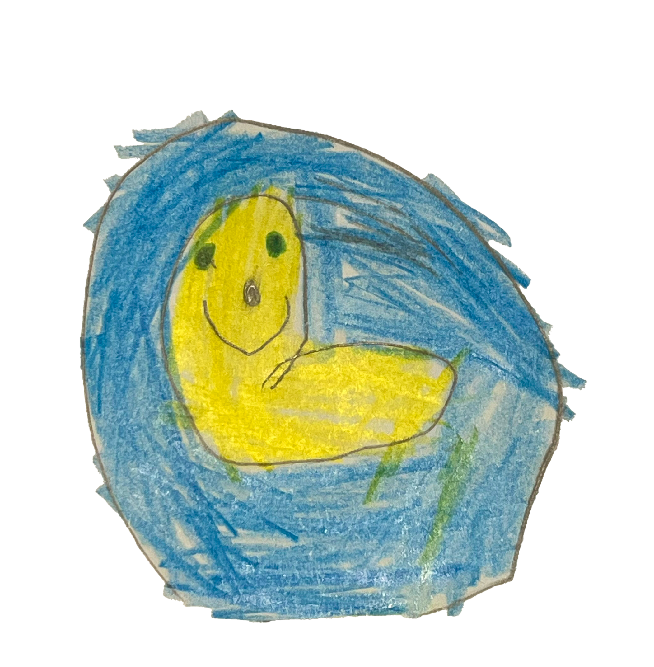 Disegno a pastelli con una figura gialla su sfondo blu