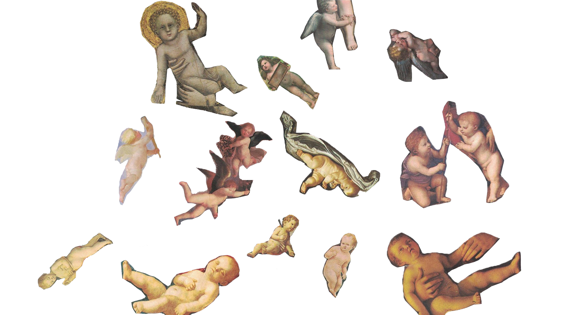 Collage di putti e figure ritagliate da dipinti